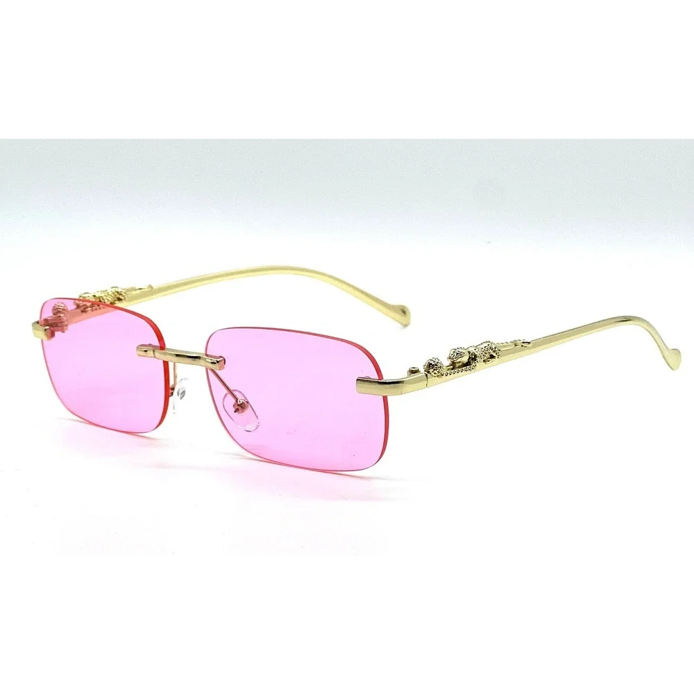 Rimless‎ Sunglasses Gold Leopard Accent Pink Lens Fashion Trendy Designer Women